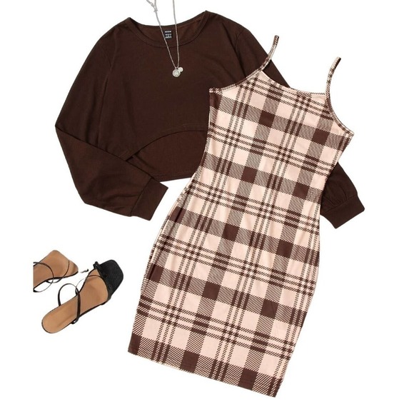 SHEIN Dresses & Skirts - SHEIN High Low Hem Tee & Plaid Cami Dress in Brown, Size S​​​​​​​